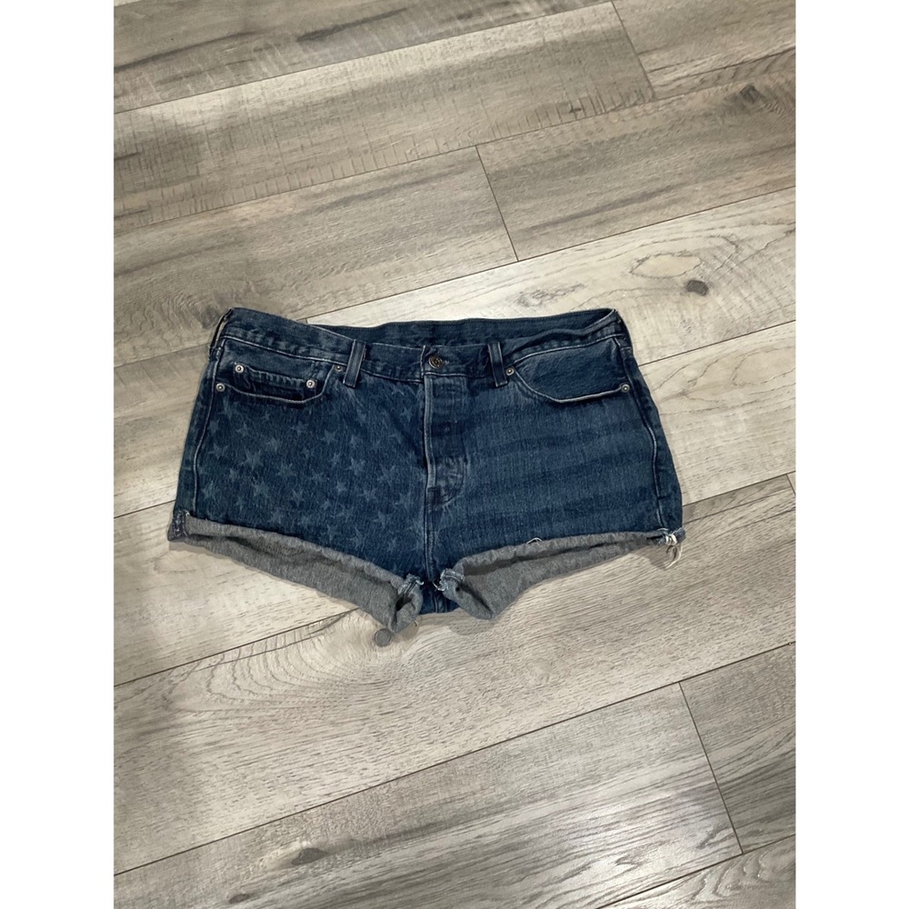 Levis Womens‎ Star Print Denim Cut Off Shorts Dark Wash Blue Button Fly 34 Waist